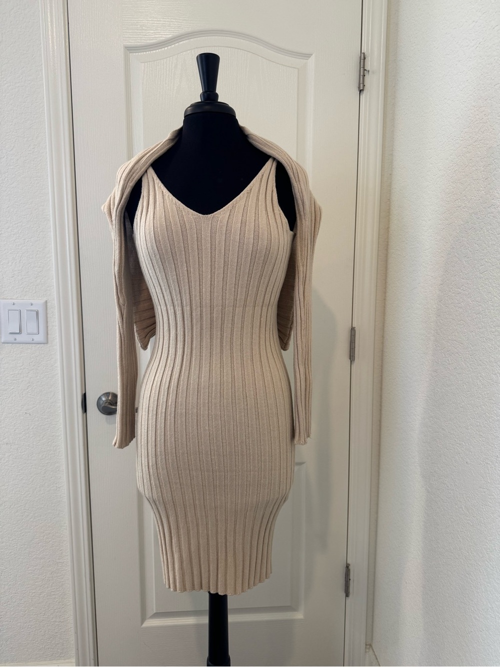 Two-piece Sleeveless Ribbed Knit Bodycon Dress in Beige